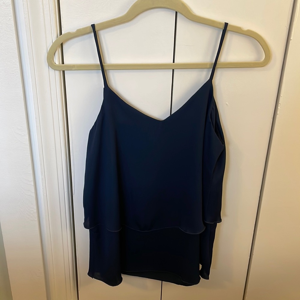 Navy tank top, with ruffle and cross-cross back